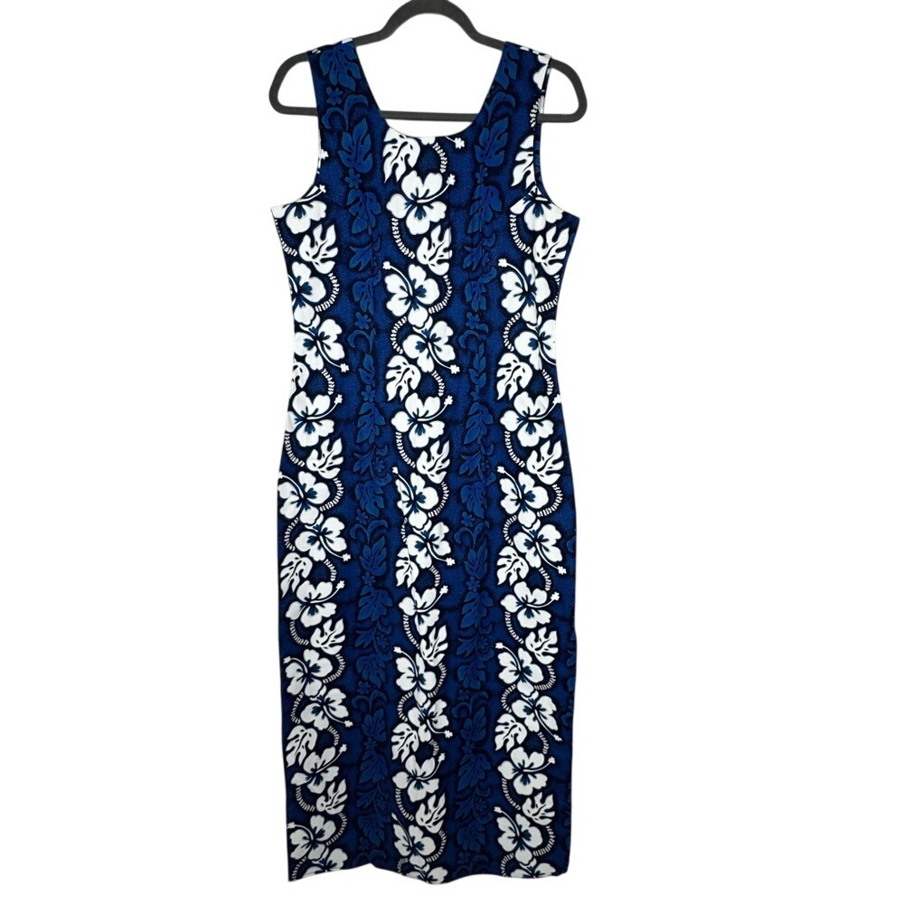 KYs Vintage Womens Blue White Tropical Maxi Dress Floral‎ Sleeveless Sz L Hawaii